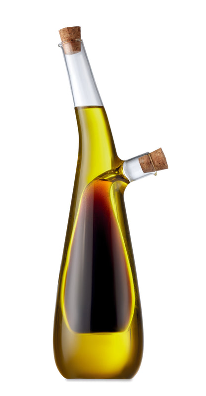 Öl- und Essigflasche aus Borosilikatglas mit 2 Kammern. Korkverschluss. Füllmenge äußere Kammer: