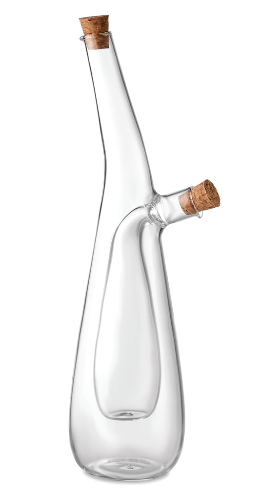 Öl- und Essigflasche aus Borosilikatglas mit 2 Kammern. Korkverschluss. Füllmenge äußere Kammer: