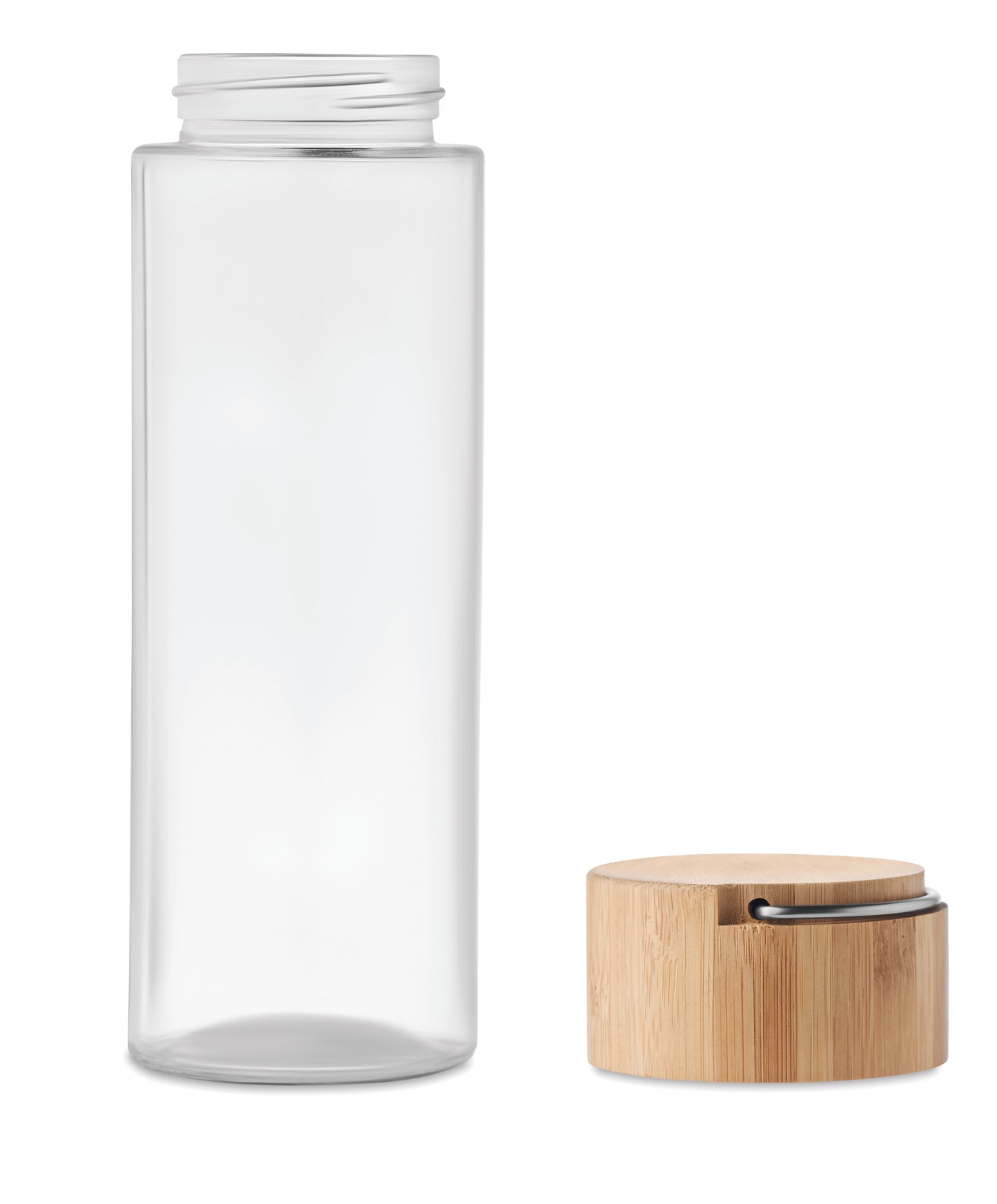 Trinkflasche aus Glas. Verschluss aus Bambus und Henkel. Füllmenge: 500 ml. Auslaufsicher.