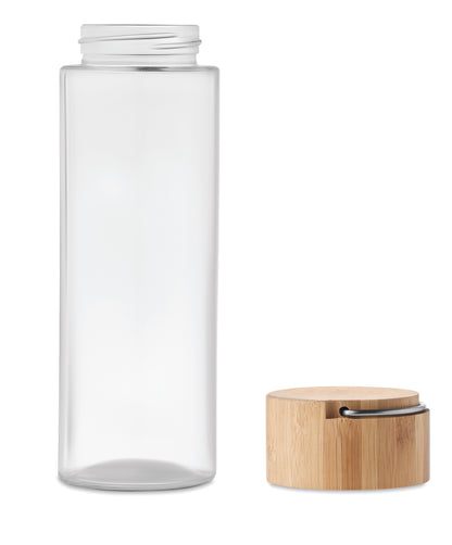 Trinkflasche aus Glas. Verschluss aus Bambus und Henkel. Füllmenge: 500 ml. Auslaufsicher.