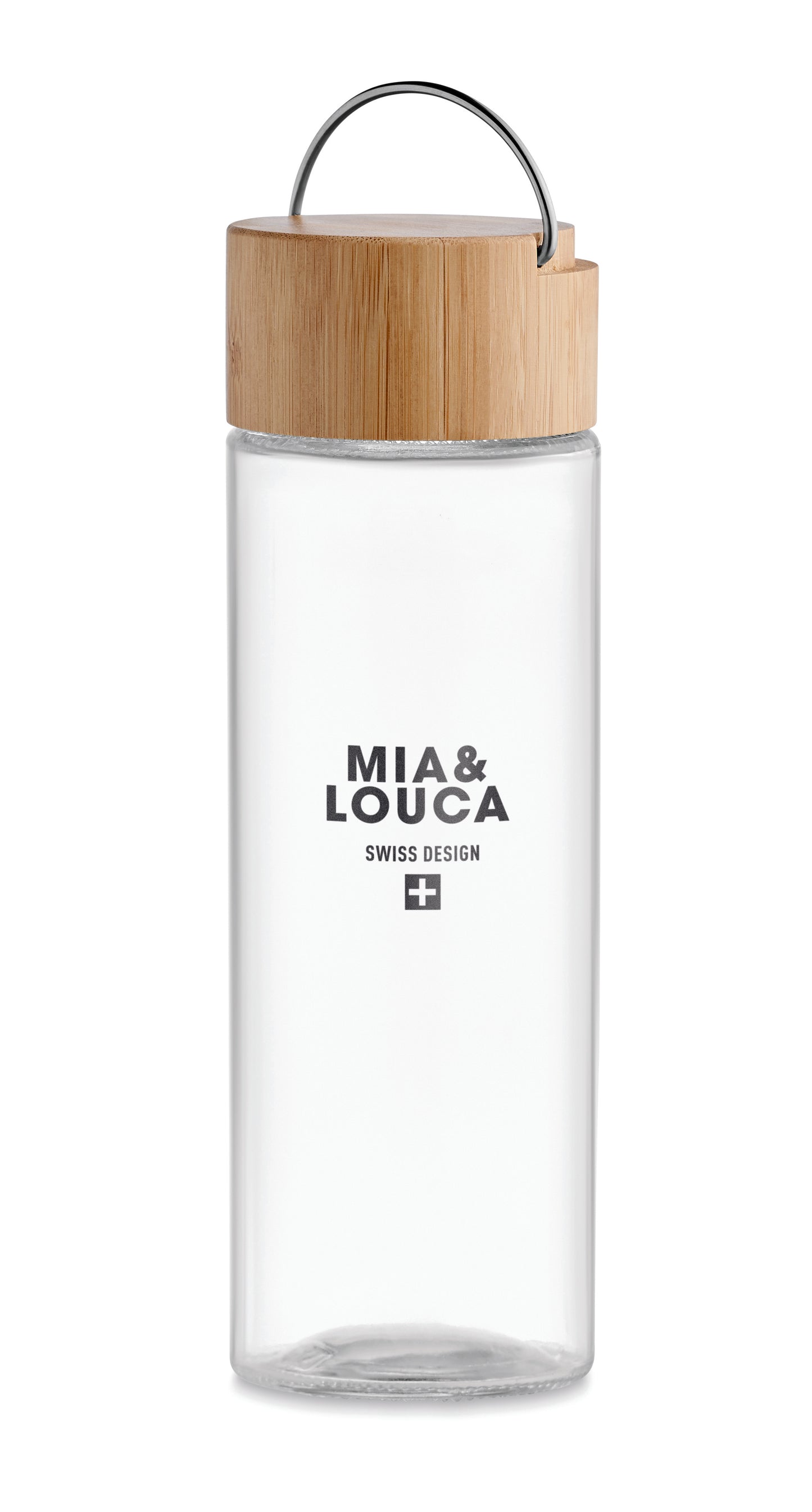 Trinkflasche aus Glas. Verschluss aus Bambus und Henkel. Füllmenge: 500 ml. Auslaufsicher.