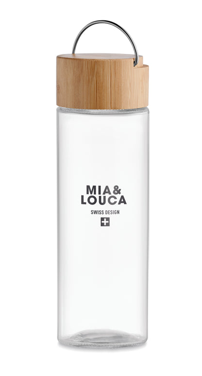 Trinkflasche aus Glas. Verschluss aus Bambus und Henkel. Füllmenge: 500 ml. Auslaufsicher.