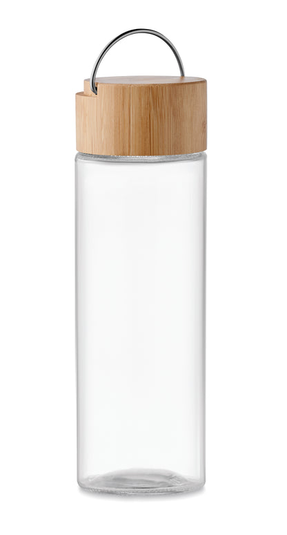 Trinkflasche aus Glas. Verschluss aus Bambus und Henkel. Füllmenge: 500 ml. Auslaufsicher.