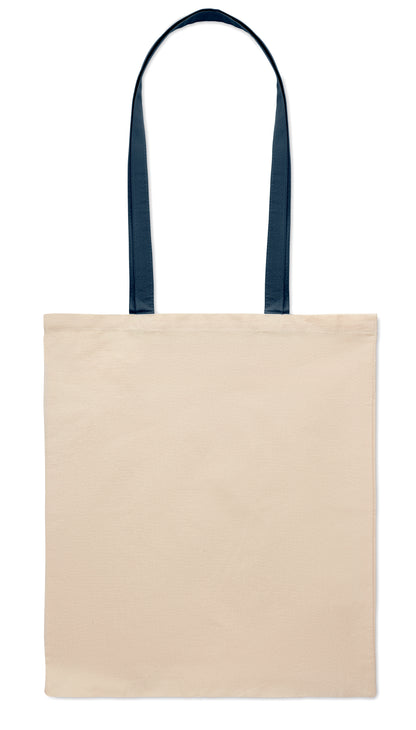 Einkaufstasche aus Baumwolle mit langen farbigen Tragegriffen. 140 g/m². Diese Tasche ist