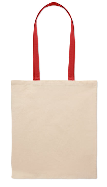 Einkaufstasche aus Baumwolle mit langen farbigen Tragegriffen. 140 g/m². Diese Tasche ist