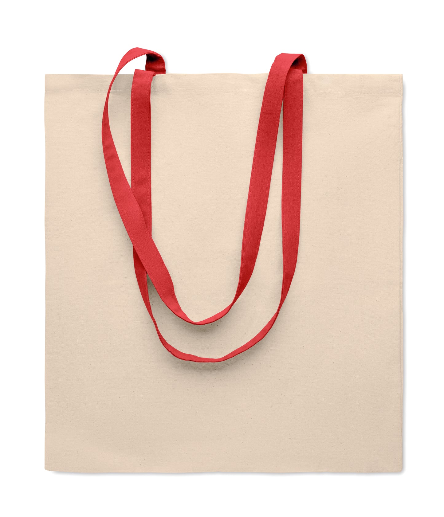 Einkaufstasche aus Baumwolle mit langen farbigen Tragegriffen. 140 g/m². Diese Tasche ist