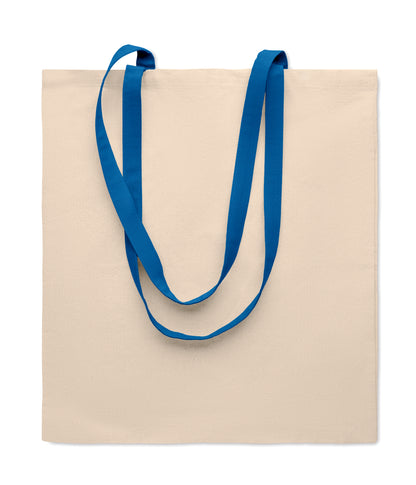 Einkaufstasche aus Baumwolle mit langen farbigen Tragegriffen. 140 g/m². Diese Tasche ist