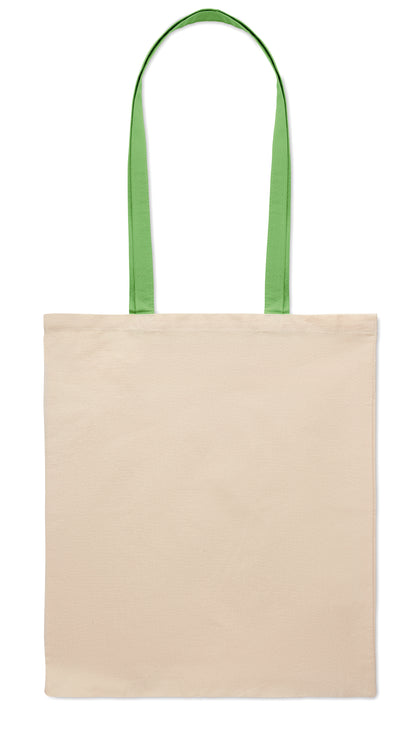 Einkaufstasche aus Baumwolle mit langen farbigen Tragegriffen. 140 g/m². Diese Tasche ist