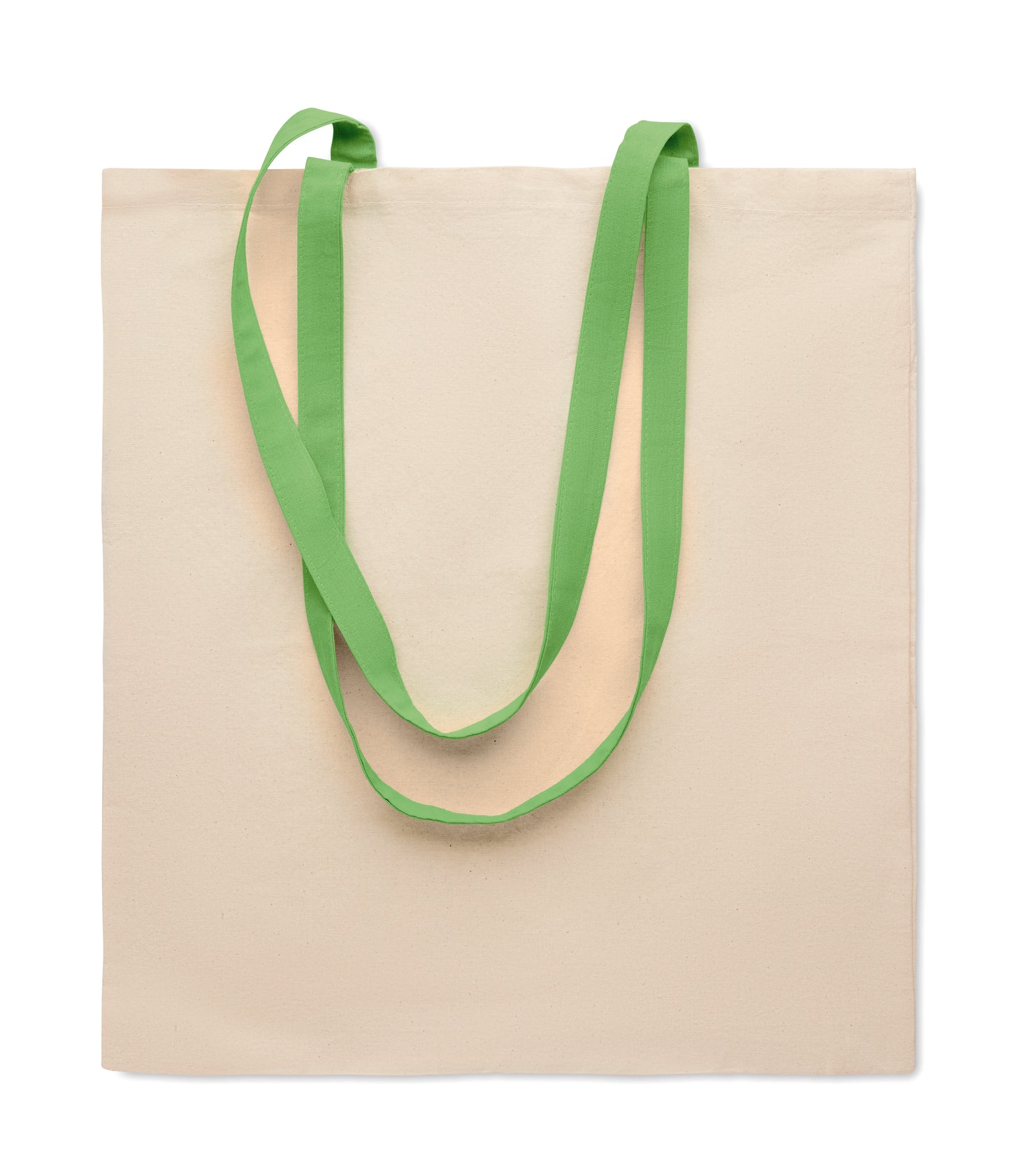 Einkaufstasche aus Baumwolle mit langen farbigen Tragegriffen. 140 g/m². Diese Tasche ist