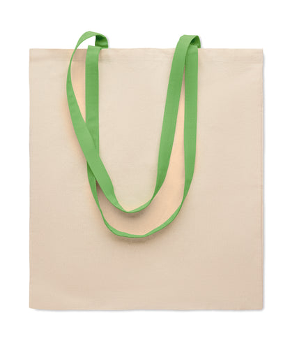 Einkaufstasche aus Baumwolle mit langen farbigen Tragegriffen. 140 g/m². Diese Tasche ist