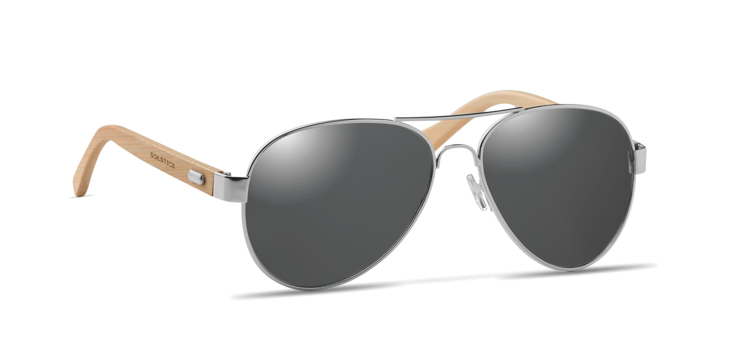 Sonnenbrille mit Bügeln aus Bambus. Farbig verspiegelte Gläser. UV400-Schutz. Inkl. Brillenbeutel aus