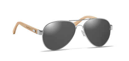 Sonnenbrille mit Bügeln aus Bambus. Farbig verspiegelte Gläser. UV400-Schutz. Inkl. Brillenbeutel aus