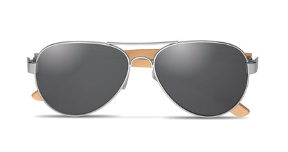 Sonnenbrille mit Bügeln aus Bambus. Farbig verspiegelte Gläser. UV400-Schutz. Inkl. Brillenbeutel aus