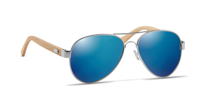Sonnenbrille mit Bügeln aus Bambus. Farbig verspiegelte Gläser. UV400-Schutz. Inkl. Brillenbeutel aus