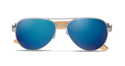 Sonnenbrille mit Bügeln aus Bambus. Farbig verspiegelte Gläser. UV400-Schutz. Inkl. Brillenbeutel aus
