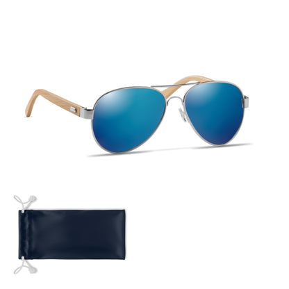 Sonnenbrille mit Bügeln aus Bambus. Farbig verspiegelte Gläser. UV400-Schutz. Inkl. Brillenbeutel aus