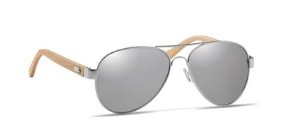 Sonnenbrille mit Bügeln aus Bambus. Farbig verspiegelte Gläser. UV400-Schutz. Inkl. Brillenbeutel aus