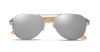 Sonnenbrille mit Bügeln aus Bambus. Farbig verspiegelte Gläser. UV400-Schutz. Inkl. Brillenbeutel aus