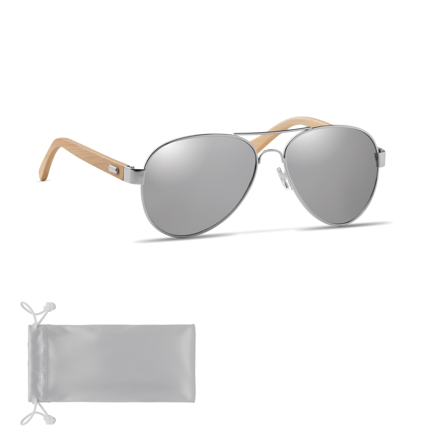 Sonnenbrille mit Bügeln aus Bambus. Farbig verspiegelte Gläser. UV400-Schutz. Inkl. Brillenbeutel aus