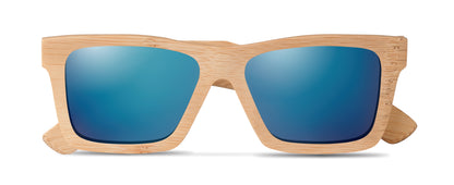 Sonnenbrille aus Bambus. Farbig verspiegelte Gläser. UV400-Schutz. Inkl. Brillenköcher aus Bambus. Bambus