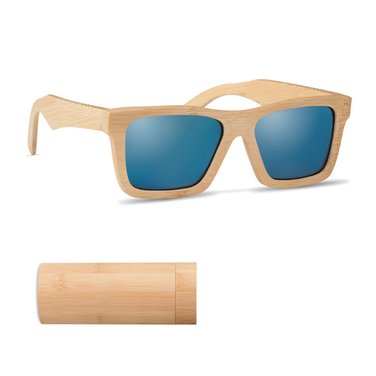 Sonnenbrille aus Bambus. Farbig verspiegelte Gläser. UV400-Schutz. Inkl. Brillenköcher aus Bambus. Bambus