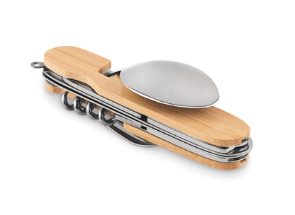 Zusammenklappbares Multifunktions-Campingbesteck aus Metall. Die Griffschale ist aus Holz. 5 Funktionen: Messer