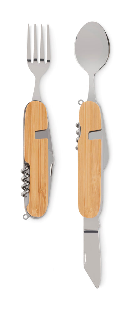 Zusammenklappbares Multifunktions-Campingbesteck aus Metall. Die Griffschale ist aus Holz. 5 Funktionen: Messer