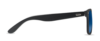 Sonnenbrille mit schwarz beschichteten Bügeln aus Bambus. Rundum verspiegelte Gläser. UV400-Schutz. Bambus