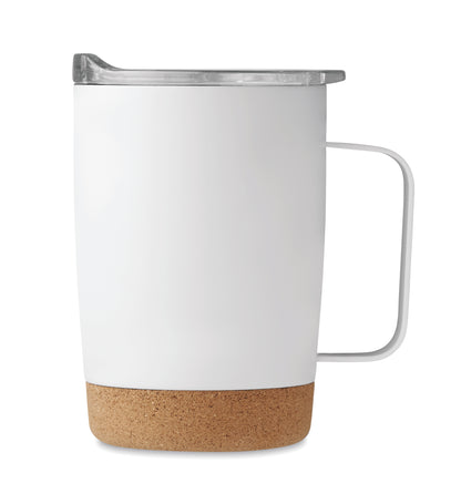 Becher aus doppelwandigem Edelstahl. Der Boden ist mit Kork abgesetzt. Schiebedeckel mit