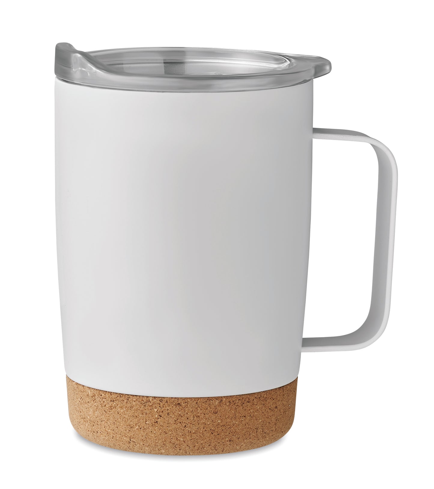 Becher aus doppelwandigem Edelstahl. Der Boden ist mit Kork abgesetzt. Schiebedeckel mit