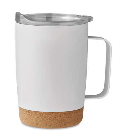 Becher aus doppelwandigem Edelstahl. Der Boden ist mit Kork abgesetzt. Schiebedeckel mit