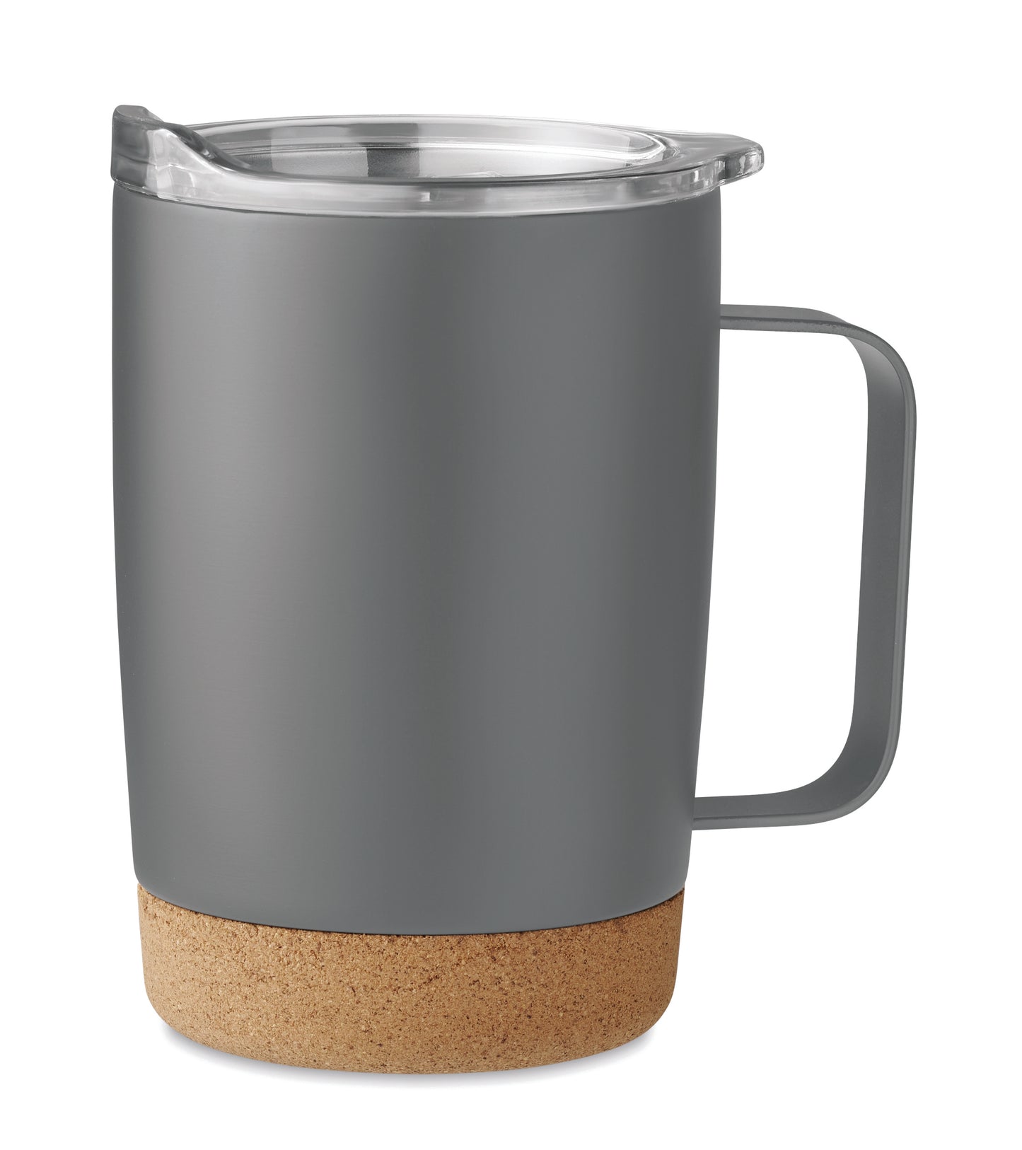 Becher aus doppelwandigem Edelstahl. Der Boden ist mit Kork abgesetzt. Schiebedeckel mit