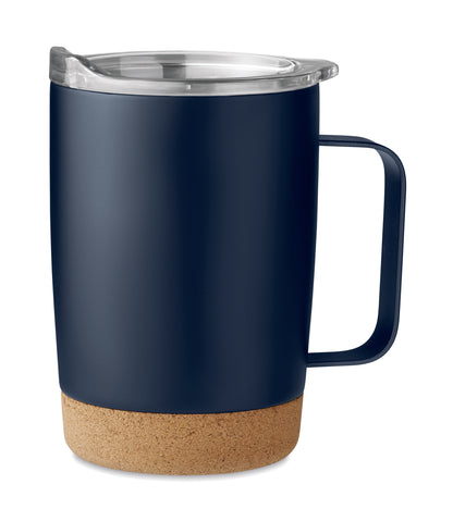 Becher aus doppelwandigem Edelstahl. Der Boden ist mit Kork abgesetzt. Schiebedeckel mit