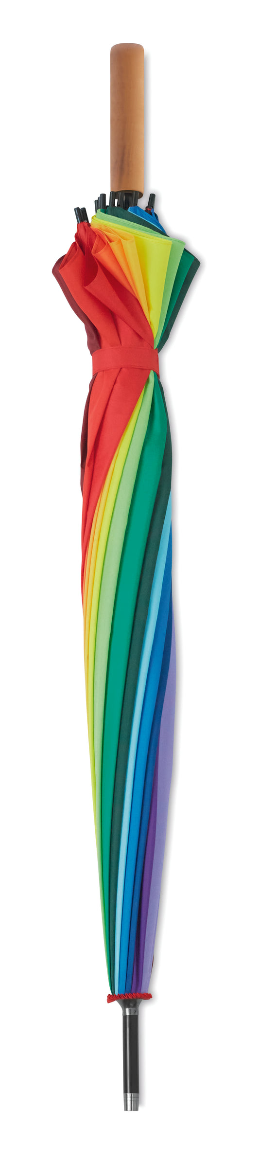 27" Regenschirm aus 190T Pongee in Regenbogenfarben. Stock aus Holz Stangen aus