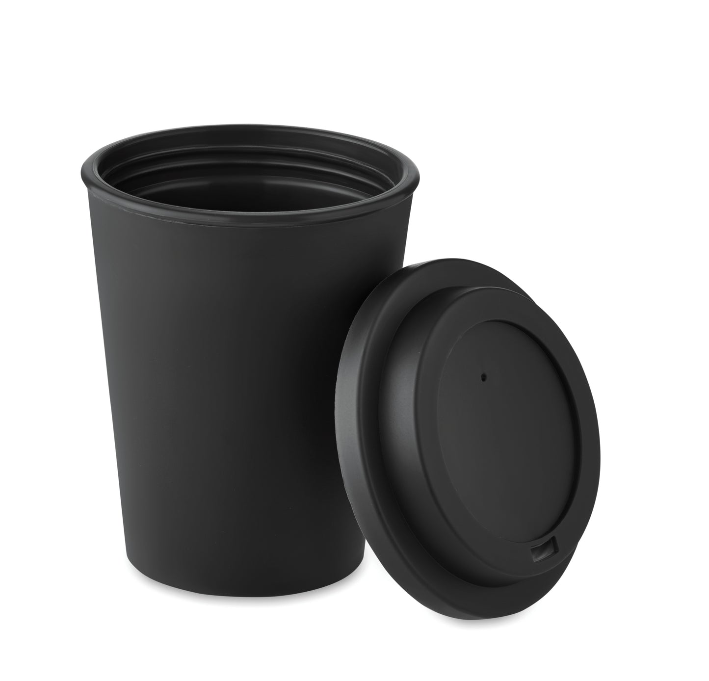 Doppelwandiger Trinkbecher. Deckel mit Mundstück aus PP. Füllmenge: 300 ml.