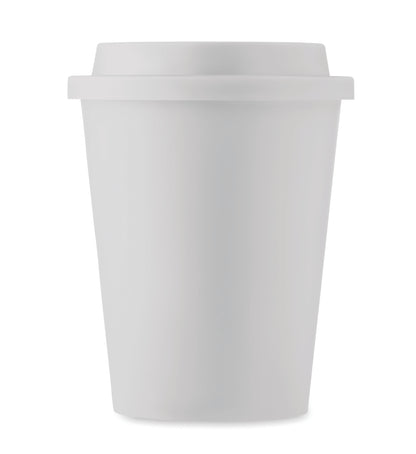 Doppelwandiger Trinkbecher. Deckel mit Mundstück aus PP. Füllmenge: 300 ml.