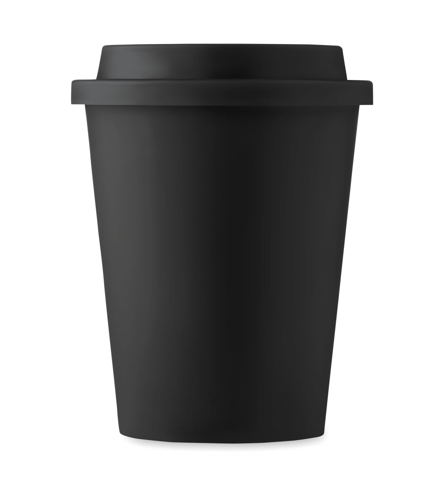 Doppelwandiger Becher aus PP mit Deckel. Füllmenge: 300 ml.