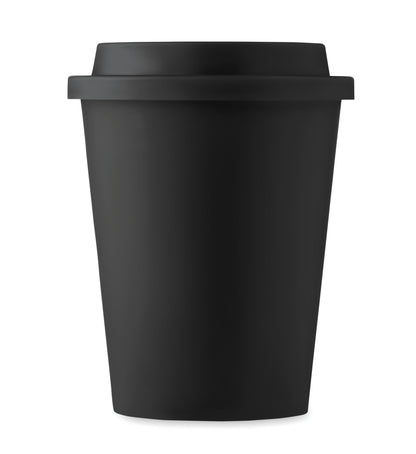 Doppelwandiger Becher aus PP mit Deckel. Füllmenge: 300 ml.