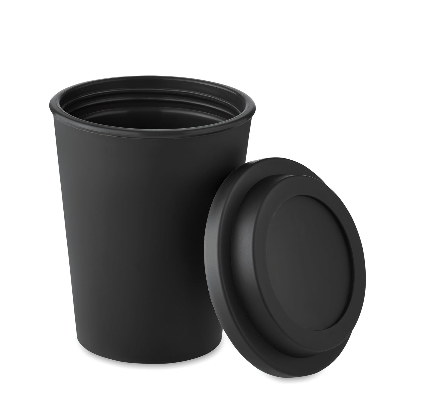Doppelwandiger Becher aus PP mit Deckel. Füllmenge: 300 ml.