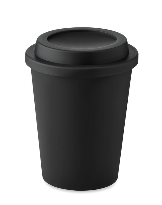 Doppelwandiger Becher aus PP mit Deckel. Füllmenge: 300 ml.
