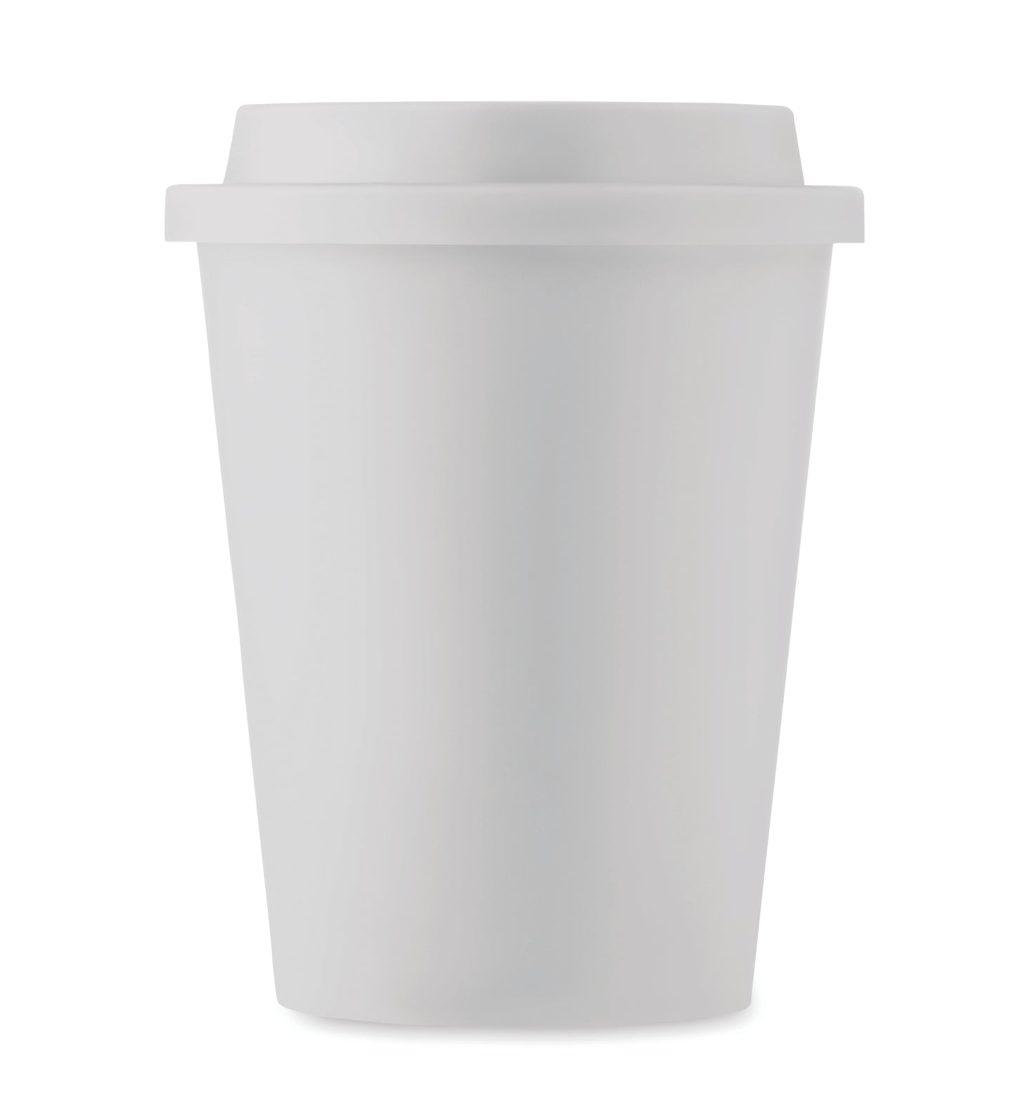 Doppelwandiger Becher aus PP mit Deckel. Füllmenge: 300 ml.