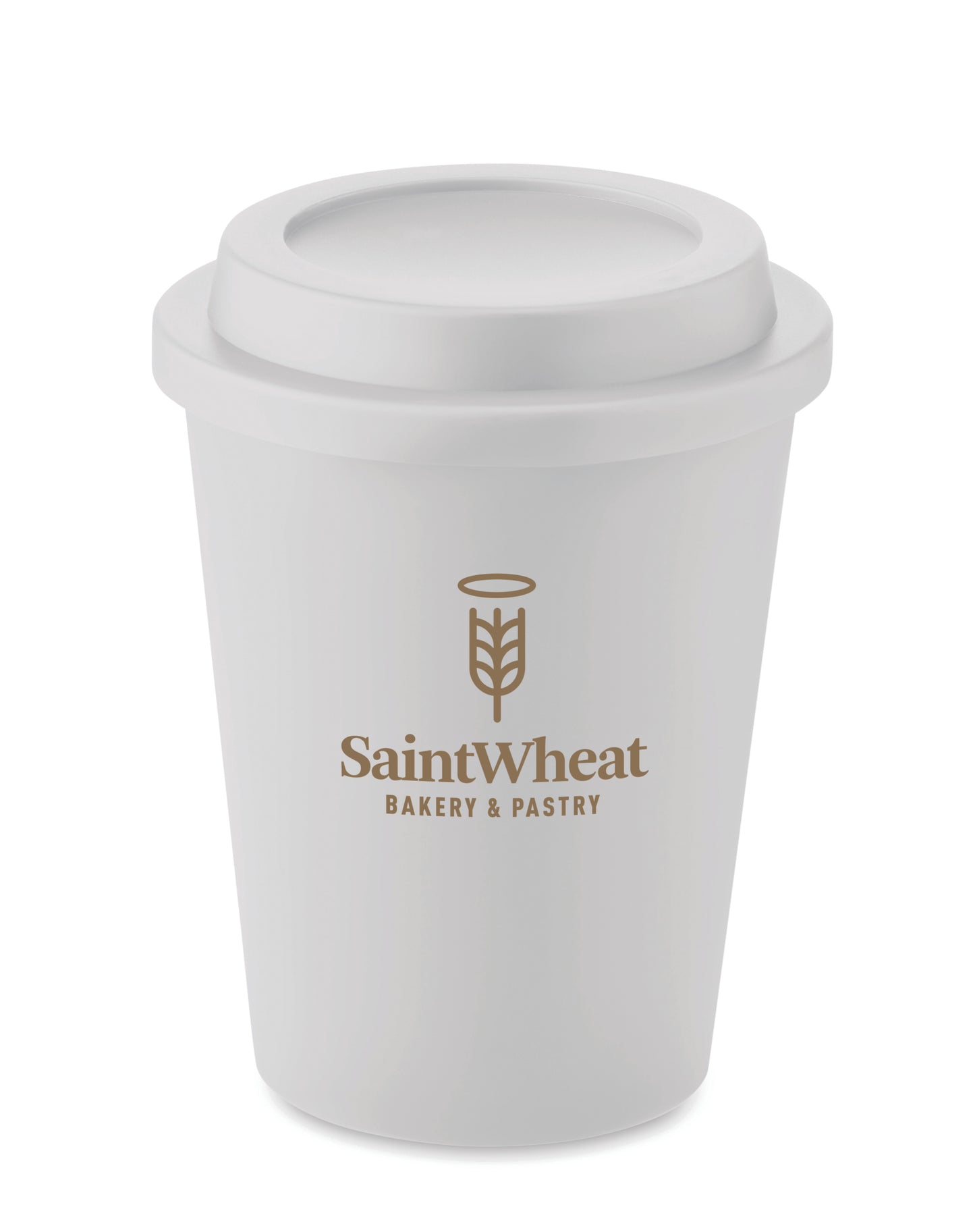 Doppelwandiger Becher aus PP mit Deckel. Füllmenge: 300 ml.
