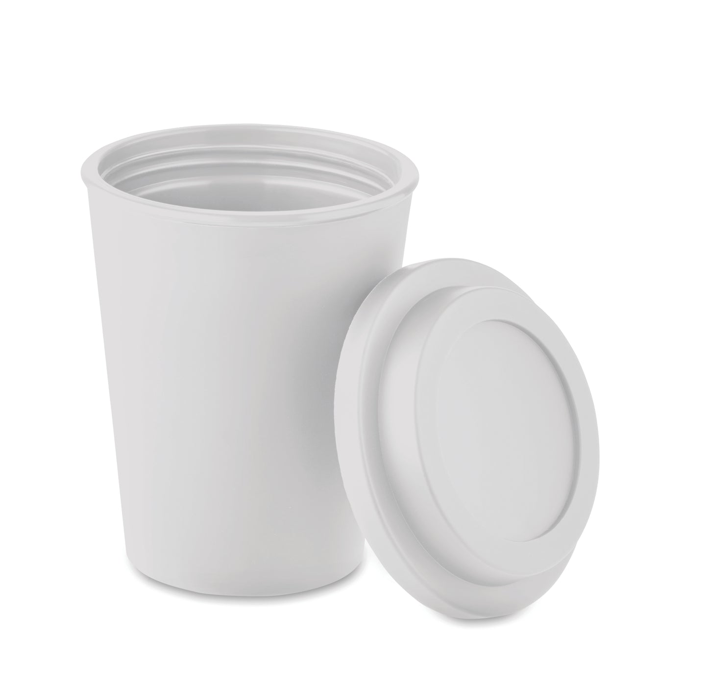 Doppelwandiger Becher aus PP mit Deckel. Füllmenge: 300 ml.