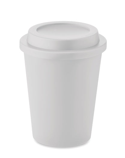 Doppelwandiger Becher aus PP mit Deckel. Füllmenge: 300 ml.
