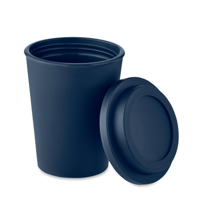 Doppelwandiger Becher aus PP mit Deckel. Füllmenge: 300 ml.