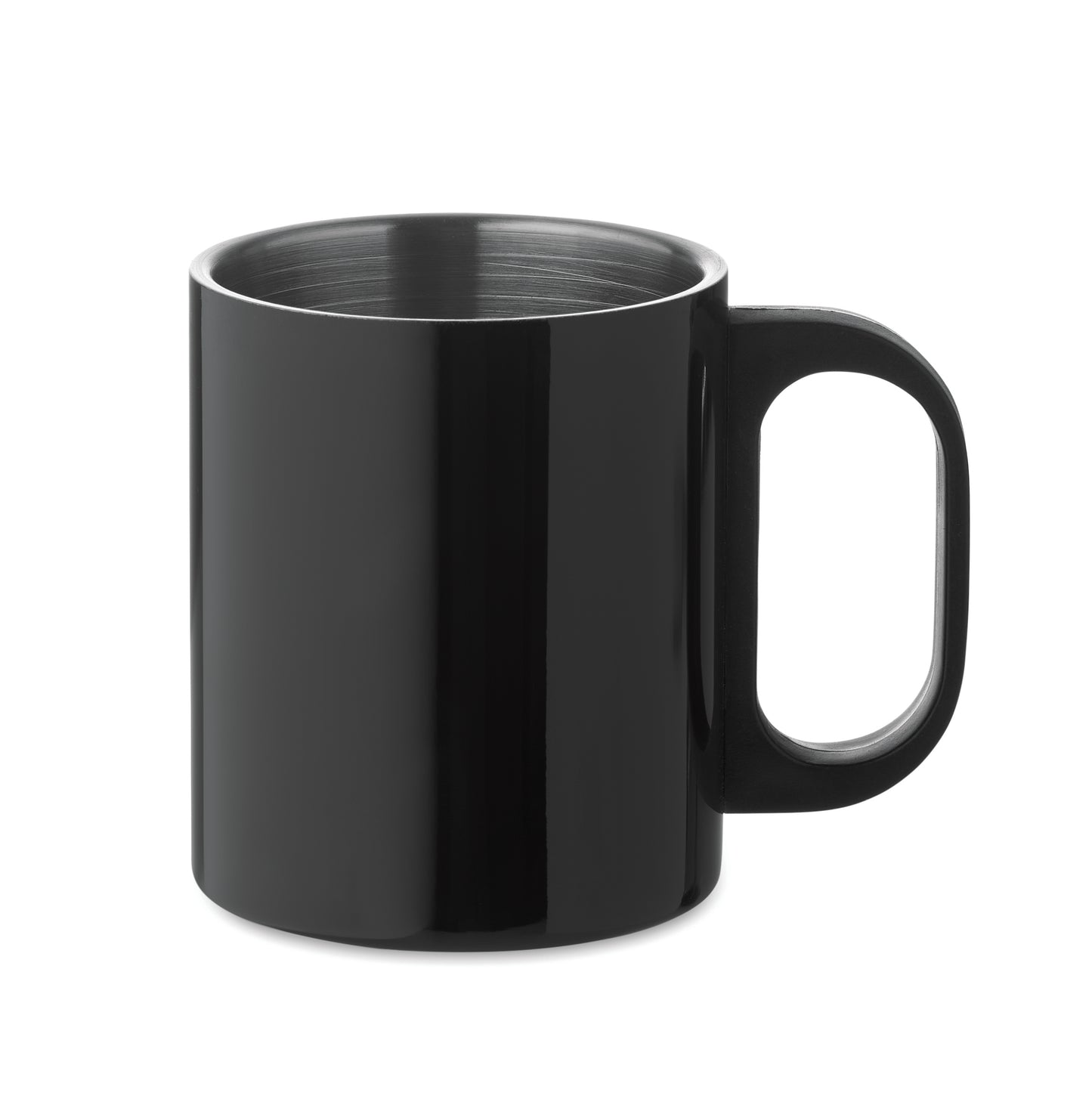 Doppelwandiger Becher aus Edelstahl mit PP-Griff. Füllmenge: 300 ml.