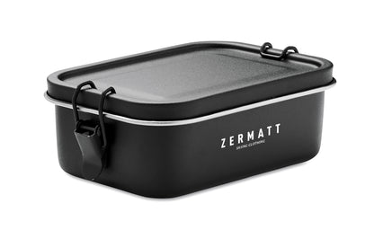 Lunchbox aus Edelstahl mit starken Halteklammern die ein Auslaufen der Speisen verhindern.