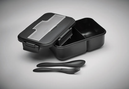 Lunchbox aus PP mit 2 Ebenen. Inkl. passendem Besteck und Henkel. Füllmenge