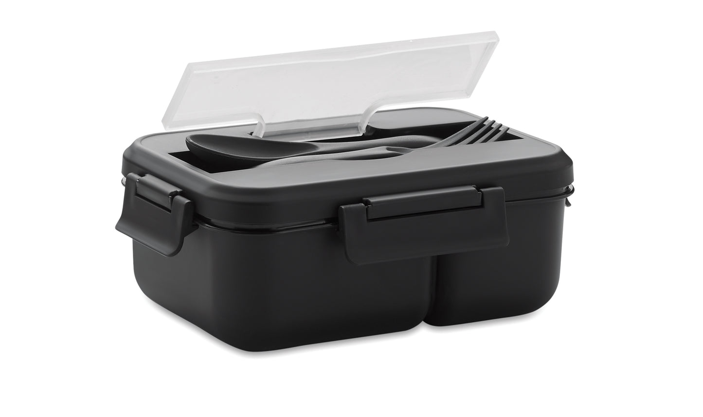 Lunchbox aus PP mit 2 Ebenen. Inkl. passendem Besteck und Henkel. Füllmenge
