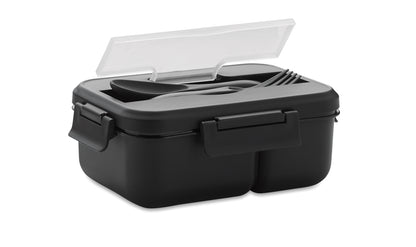 Lunchbox aus PP mit 2 Ebenen. Inkl. passendem Besteck und Henkel. Füllmenge